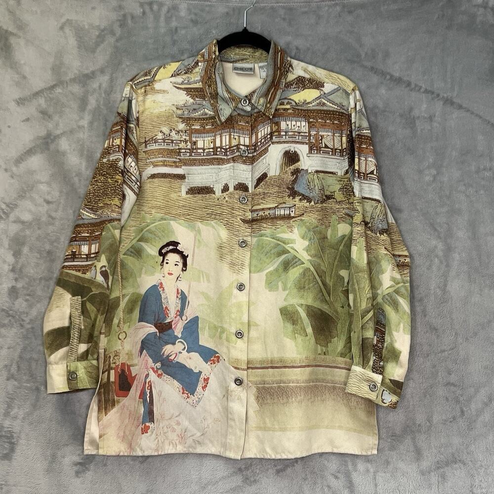 Chicos Womens Sz M Blouse Shirt Oriental Asian Women Geisha All‎ Over Print Uniq